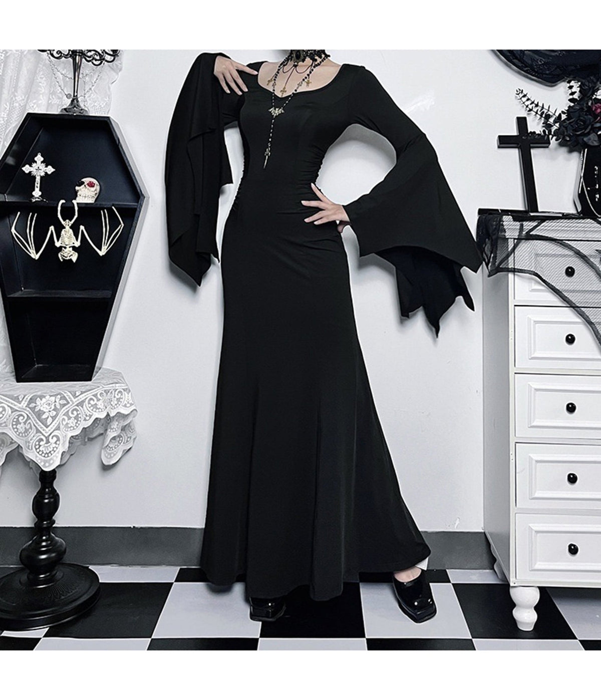 Black Gothic Bell Sleeve Vampire Maxi Dress - Unique Vintage - Womens, DRESSES, MAXI