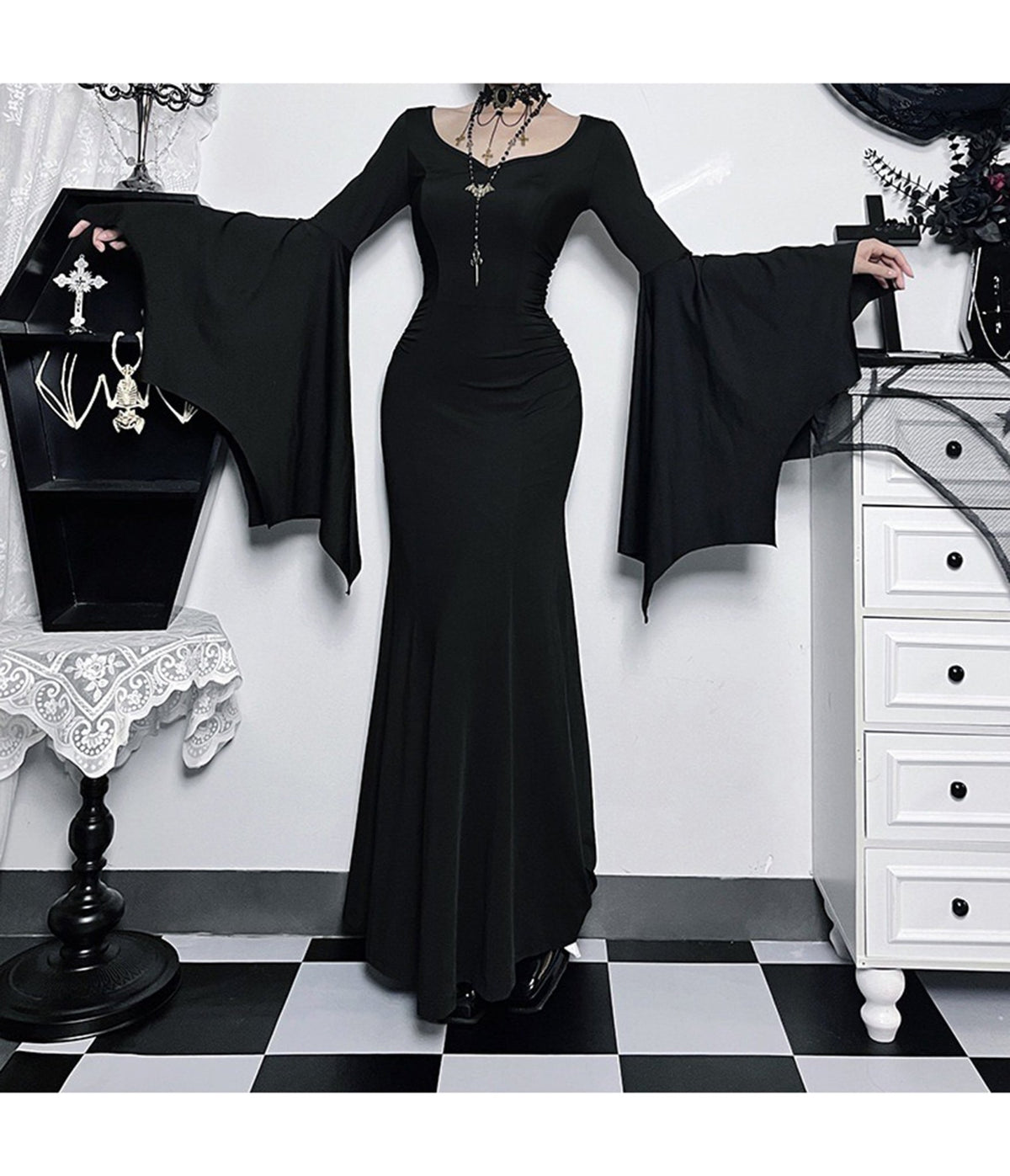 Black Gothic Bell Sleeve Vampire Maxi Dress - Unique Vintage - Womens, DRESSES, MAXI