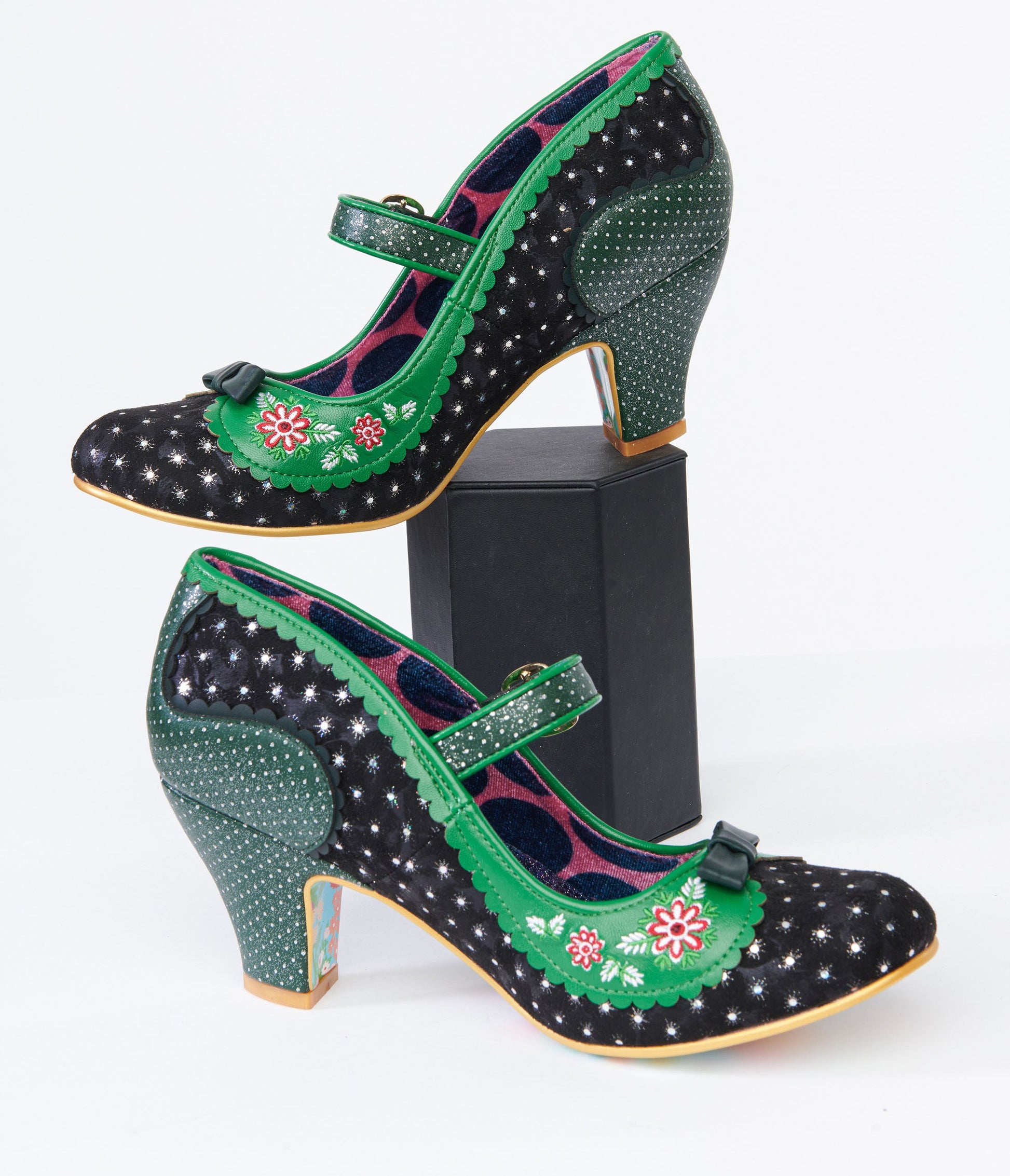 Black & Green Flower Flounce Mary Jane Heels - Unique Vintage - Womens, SHOES, HEELS
