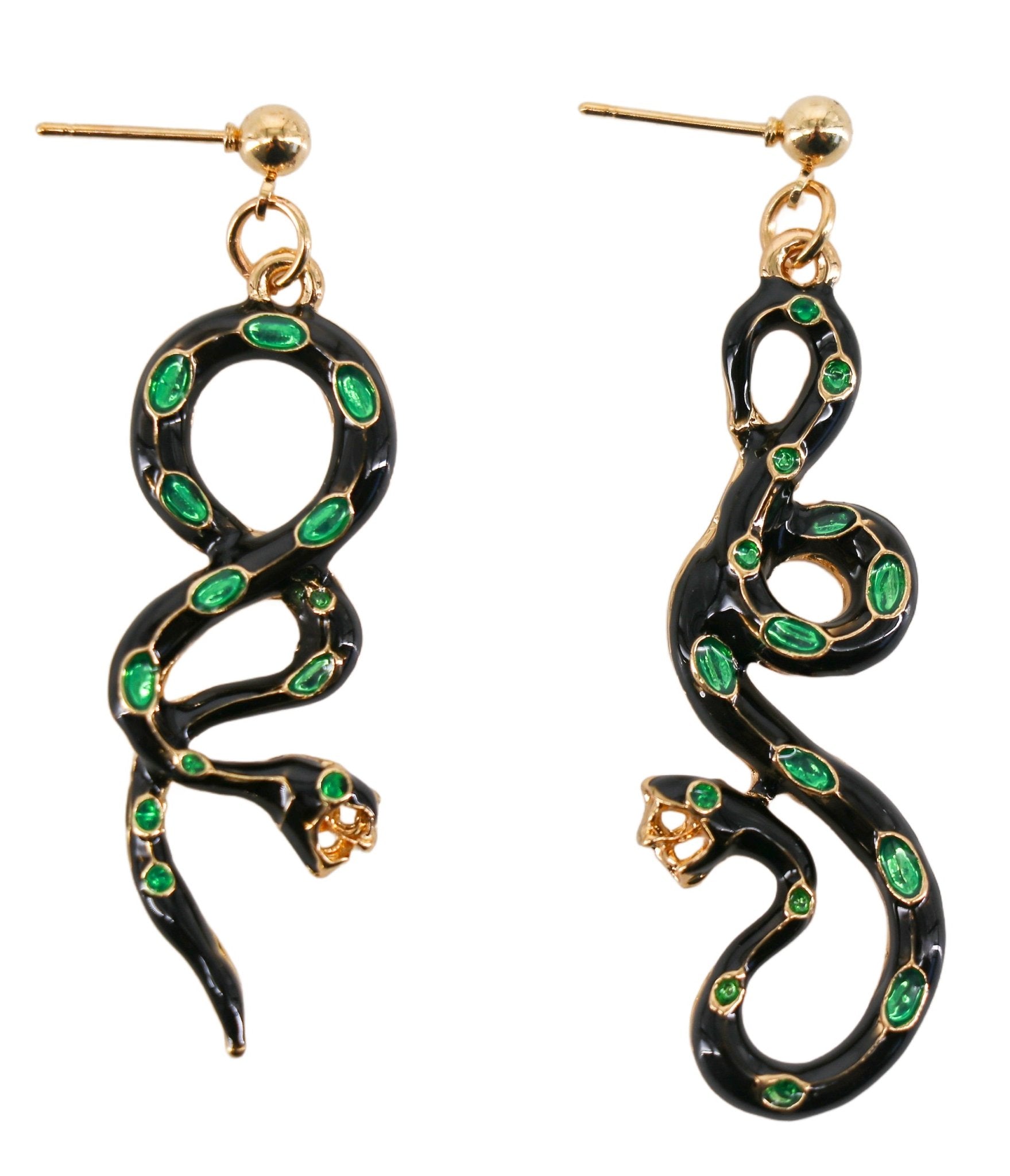 Black & Green Rhinestone Snake Earrings - Unique Vintage - Womens, ACCESSORIES, JEWELRY
