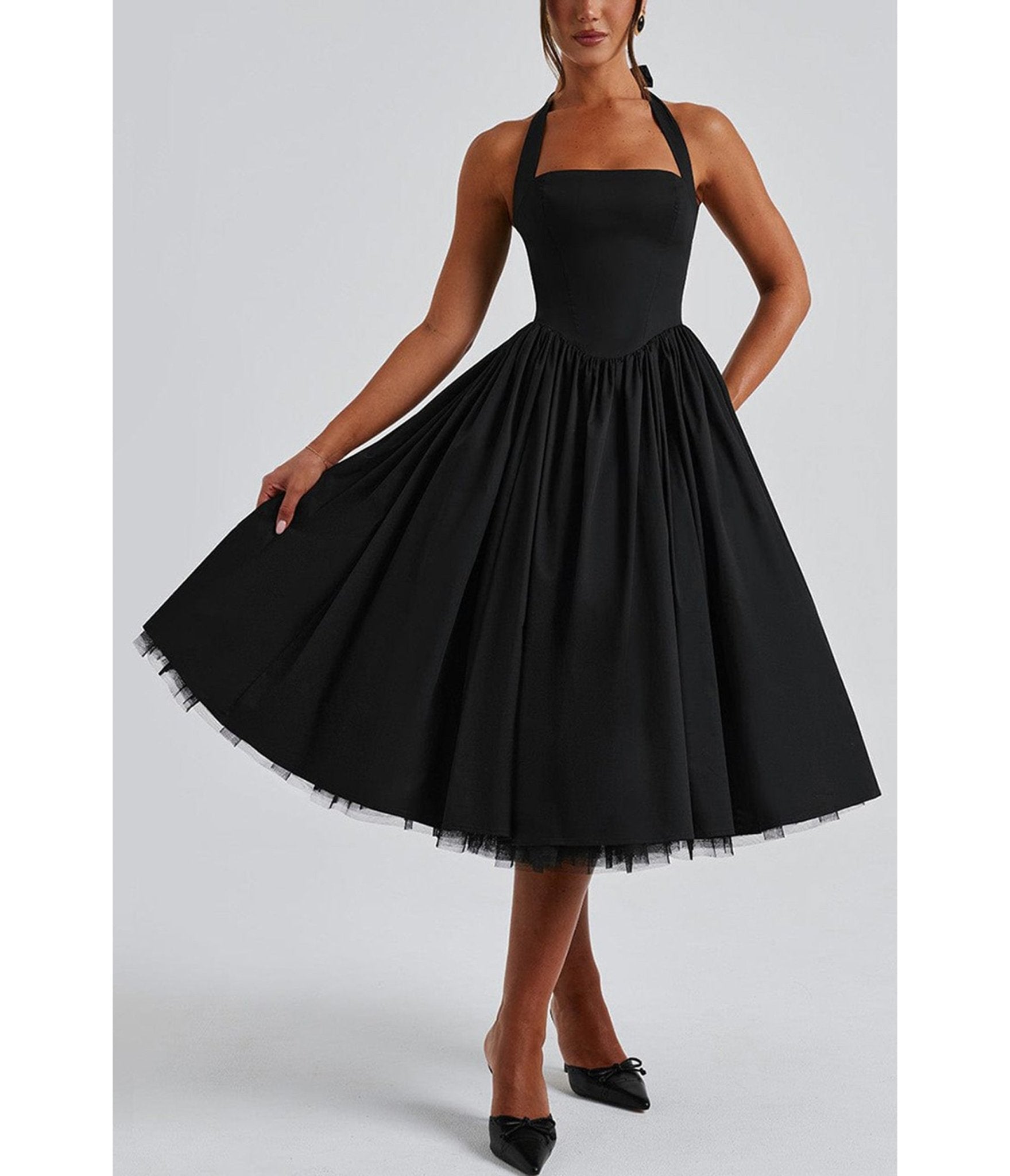 Black Halter Flare Midi Dress - Medium - Unique Vintage Black Halter Flare Midi Dress - Medium - Unique Vintage