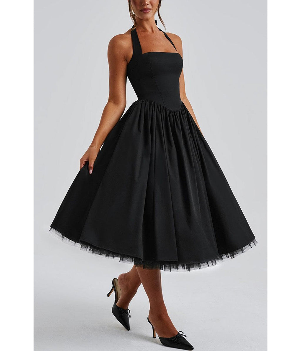 Black Halter Flare Midi Dress - Unique Vintage - Womens, DRESSES, MIDI