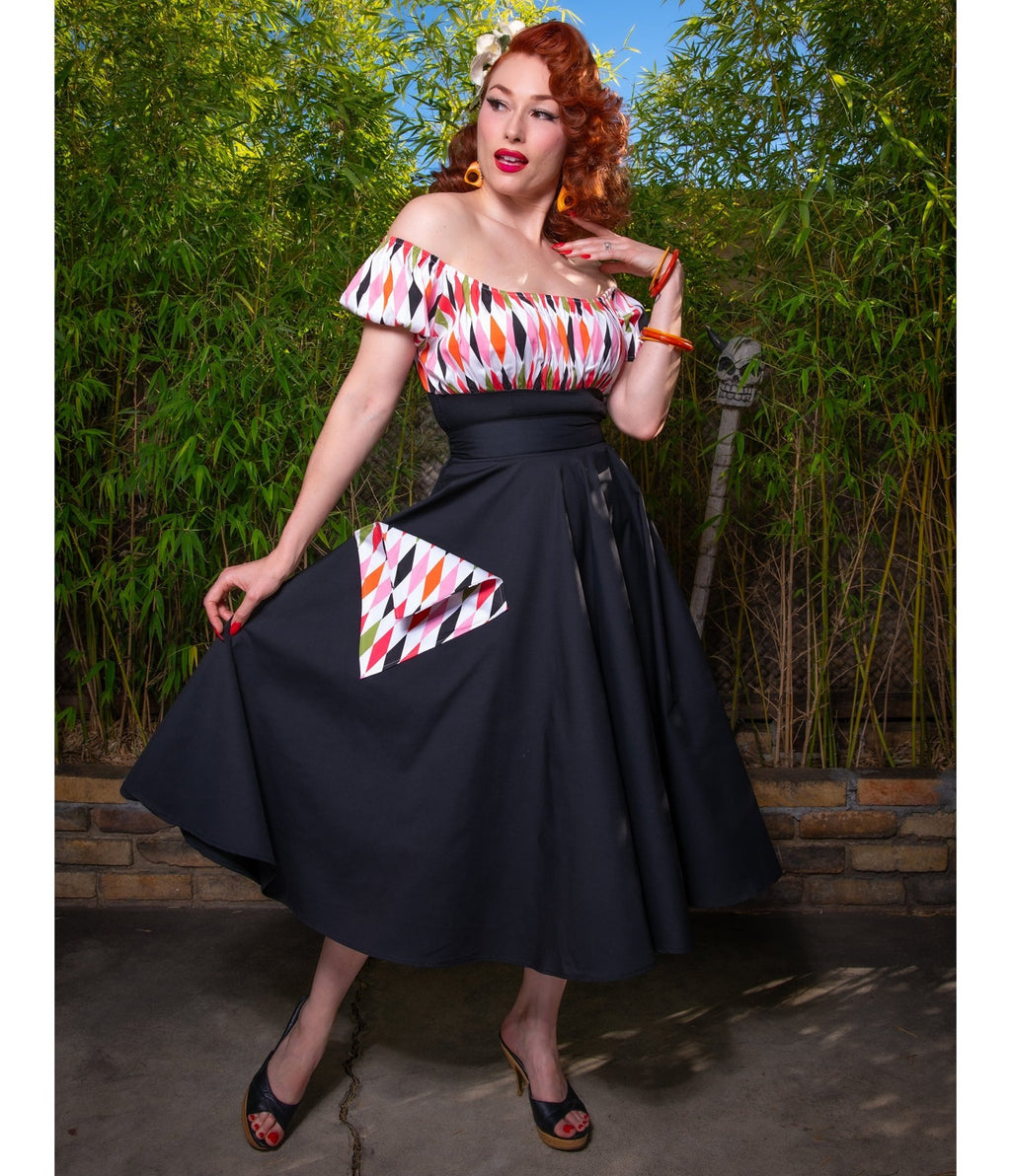 Black Harlequin Pocket Swing Skirt - Unique Vintage - Womens, BOTTOMS, SKIRTS