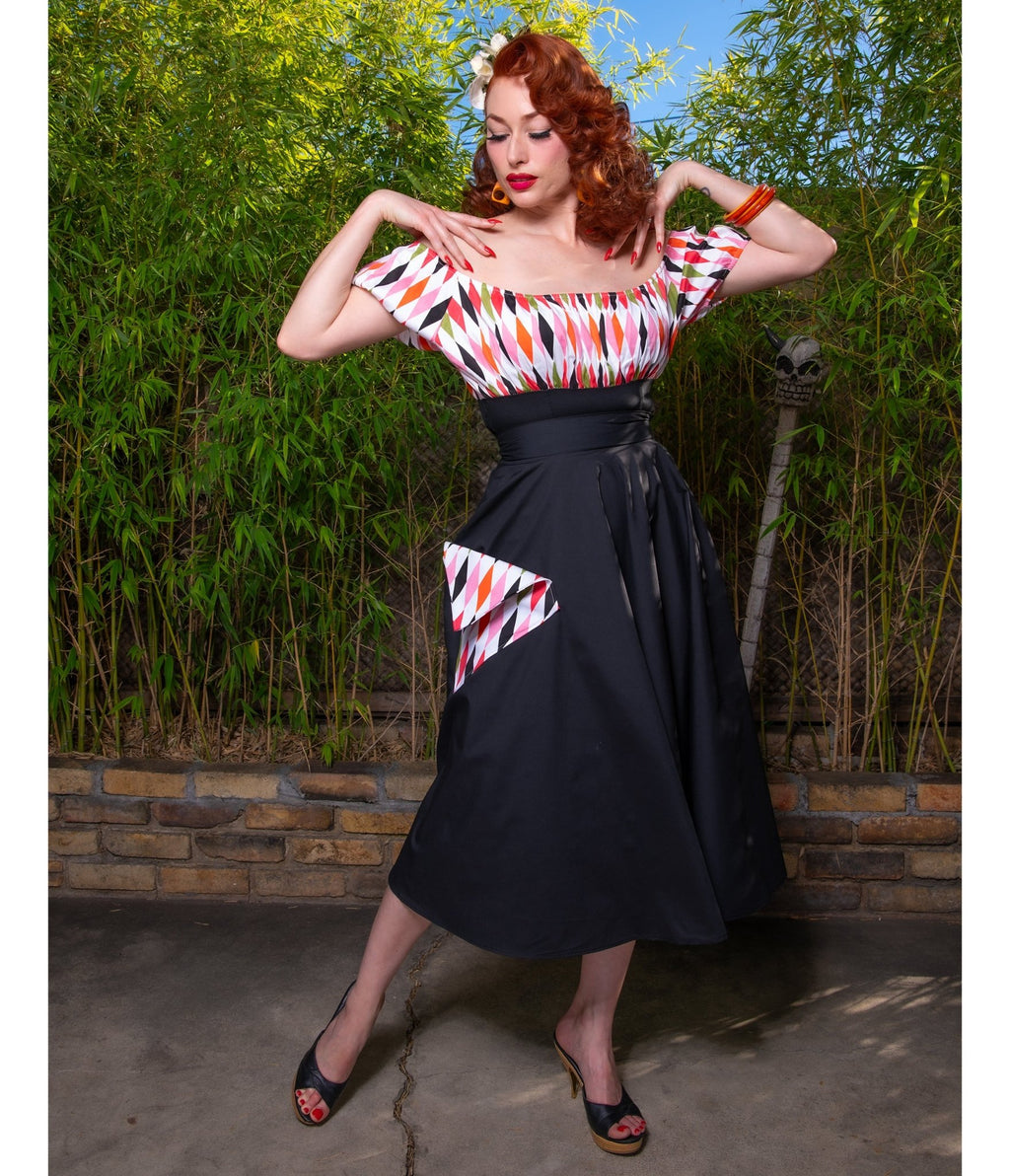 Black Harlequin Pocket Swing Skirt - Unique Vintage - Womens, BOTTOMS, SKIRTS