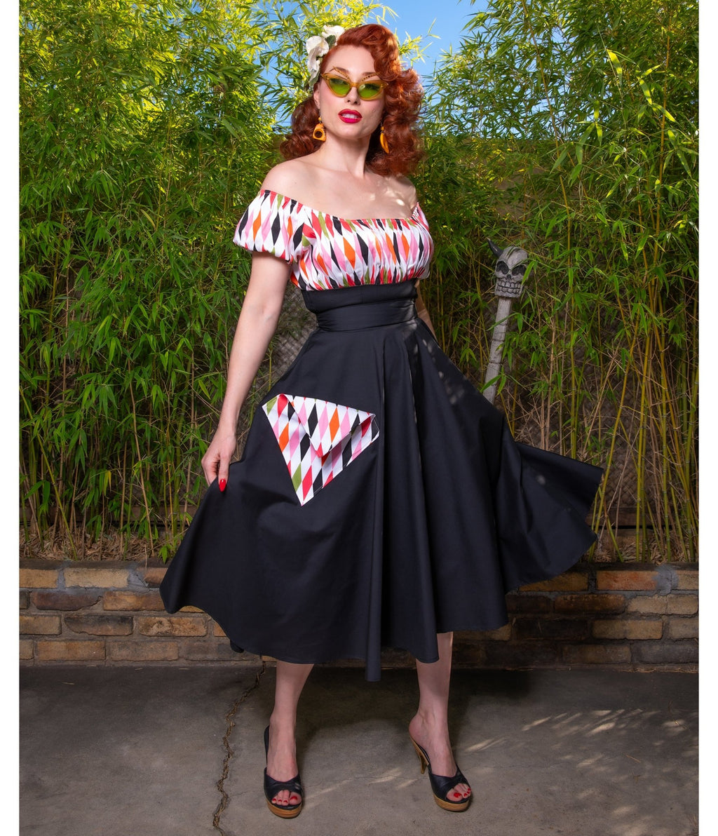 Black Harlequin Pocket Swing Skirt - Unique Vintage - Womens, BOTTOMS, SKIRTS