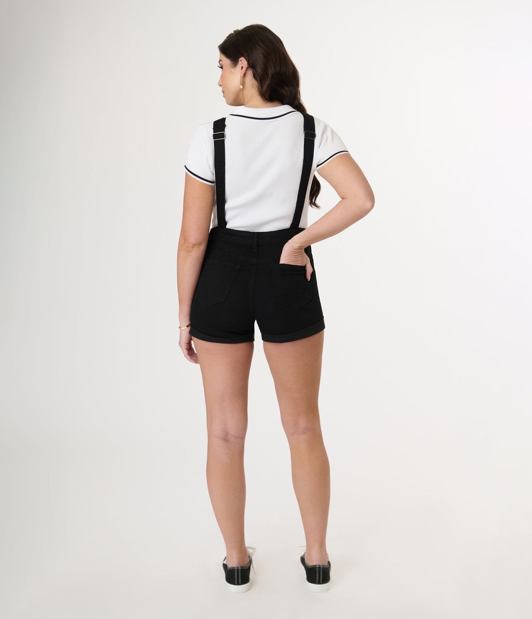 Black High Rise Overall Shorts - Unique Vintage - Womens, BOTTOMS, ROMPERS AND JUMPSUITS