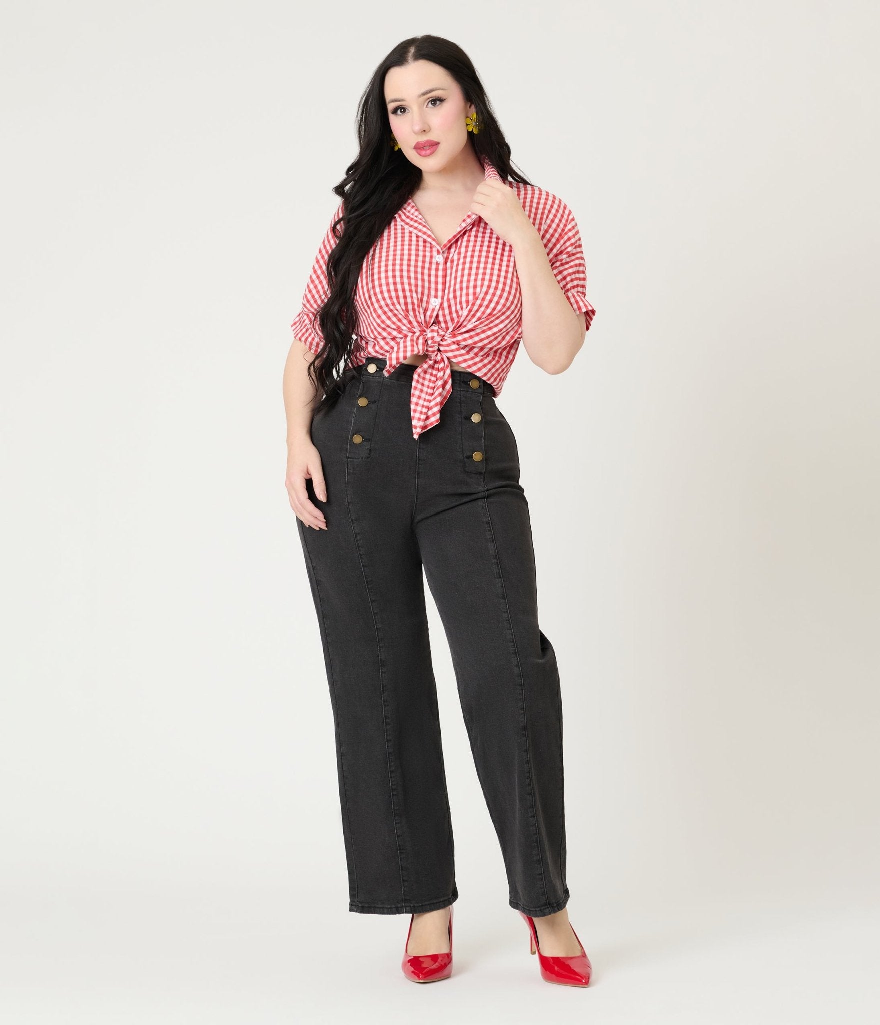 Black High Waisted Sailor Pants - Unique Vintage - Womens, BOTTOMS, PANTS