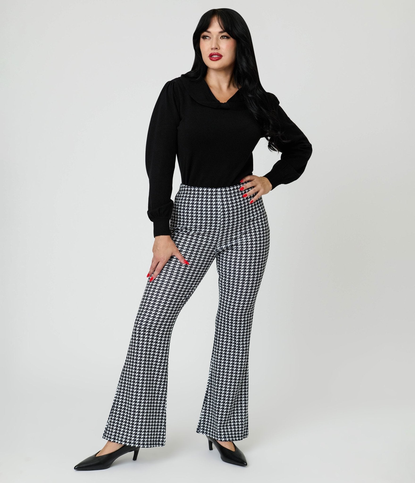 Black Houndstooth High Waist Flare Pants - Unique Vintage - Womens, BOTTOMS, PANTS