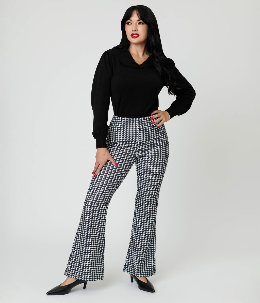 Black Houndstooth High Waist Flare Pants - Unique Vintage - Womens, BOTTOMS, PANTS