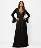 Black Lace Bell Sleeve Maxi Dress - Unique Vintage - Womens, DRESSES, MAXI