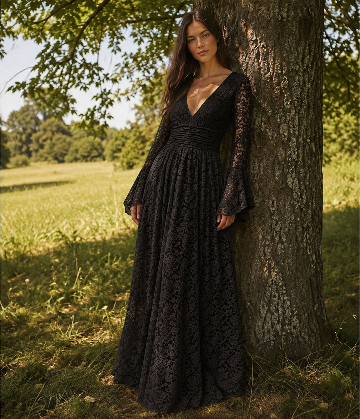 Black Lace Bell Sleeve Maxi Dress - Unique Vintage - Womens, DRESSES, MAXI