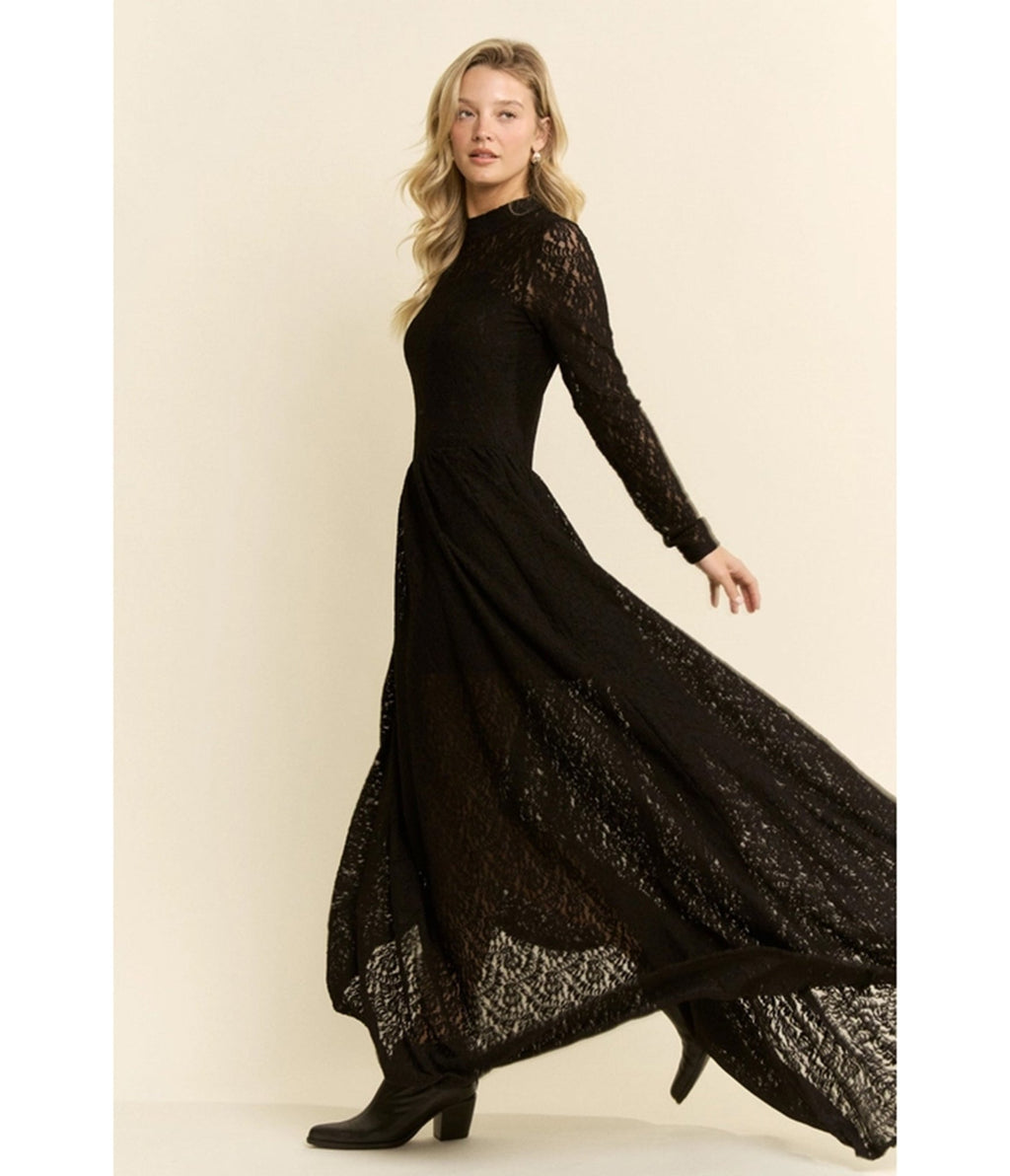 Black Lace Long Sleeve Maxi Dress - Medium