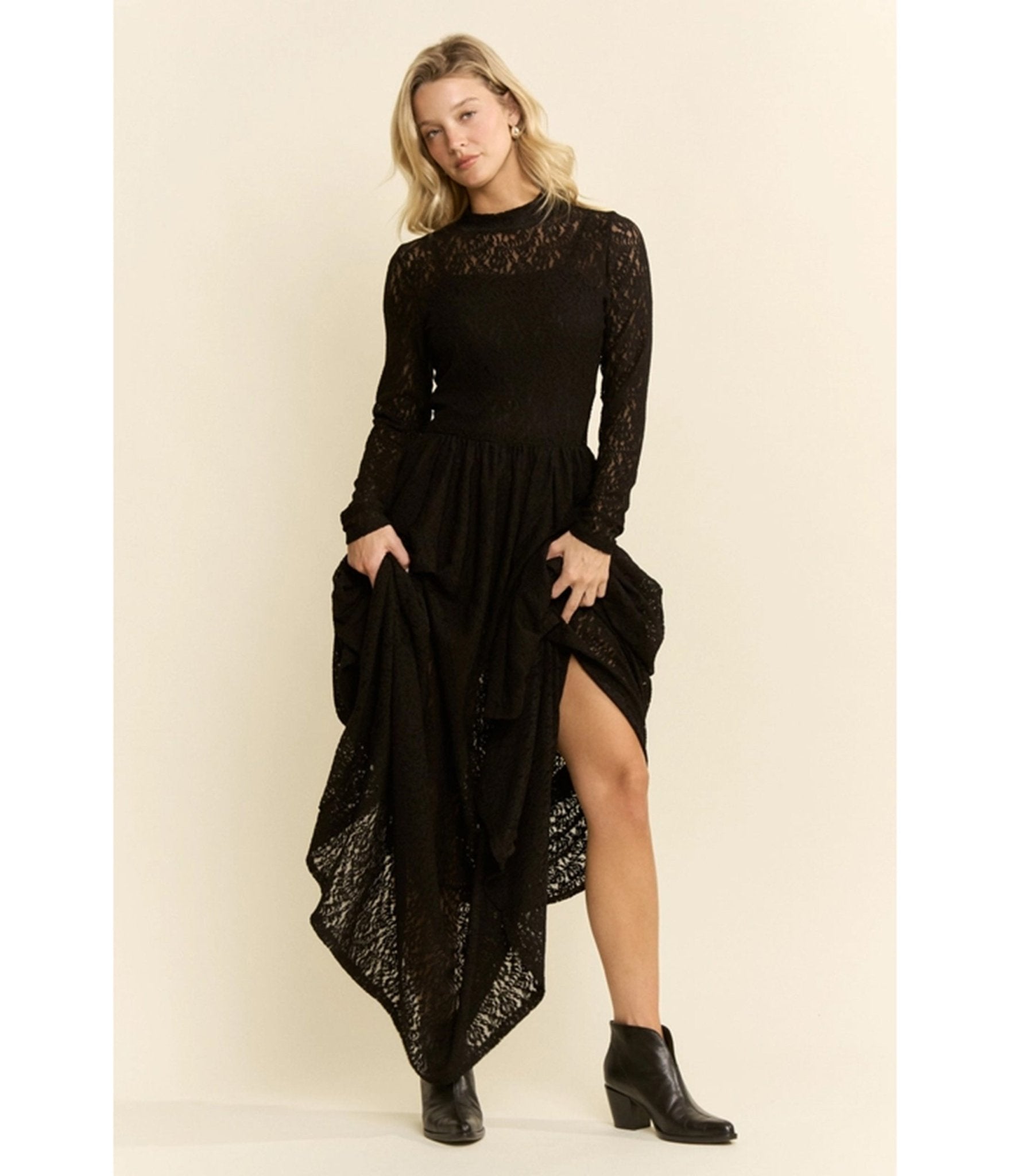 Black Lace Long Sleeve Maxi Dress - Medium
