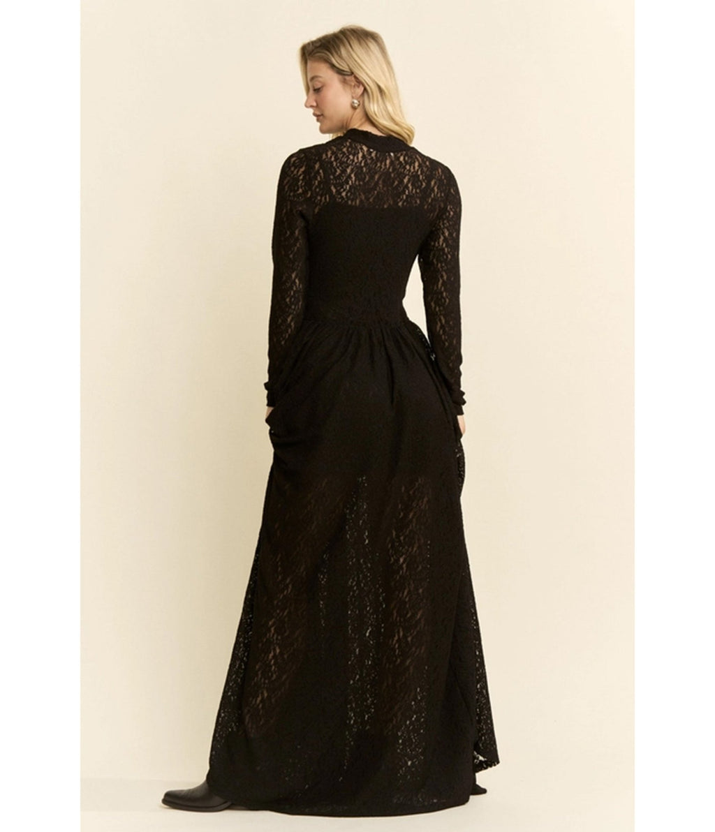 Black Lace Long Sleeve Maxi Dress - Medium