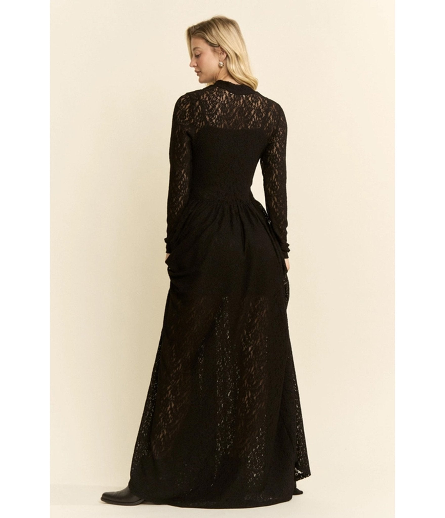 black lace dress long sleeve vintage 1950's Black Lace Long Sleeve Gown Eveliina Vintage