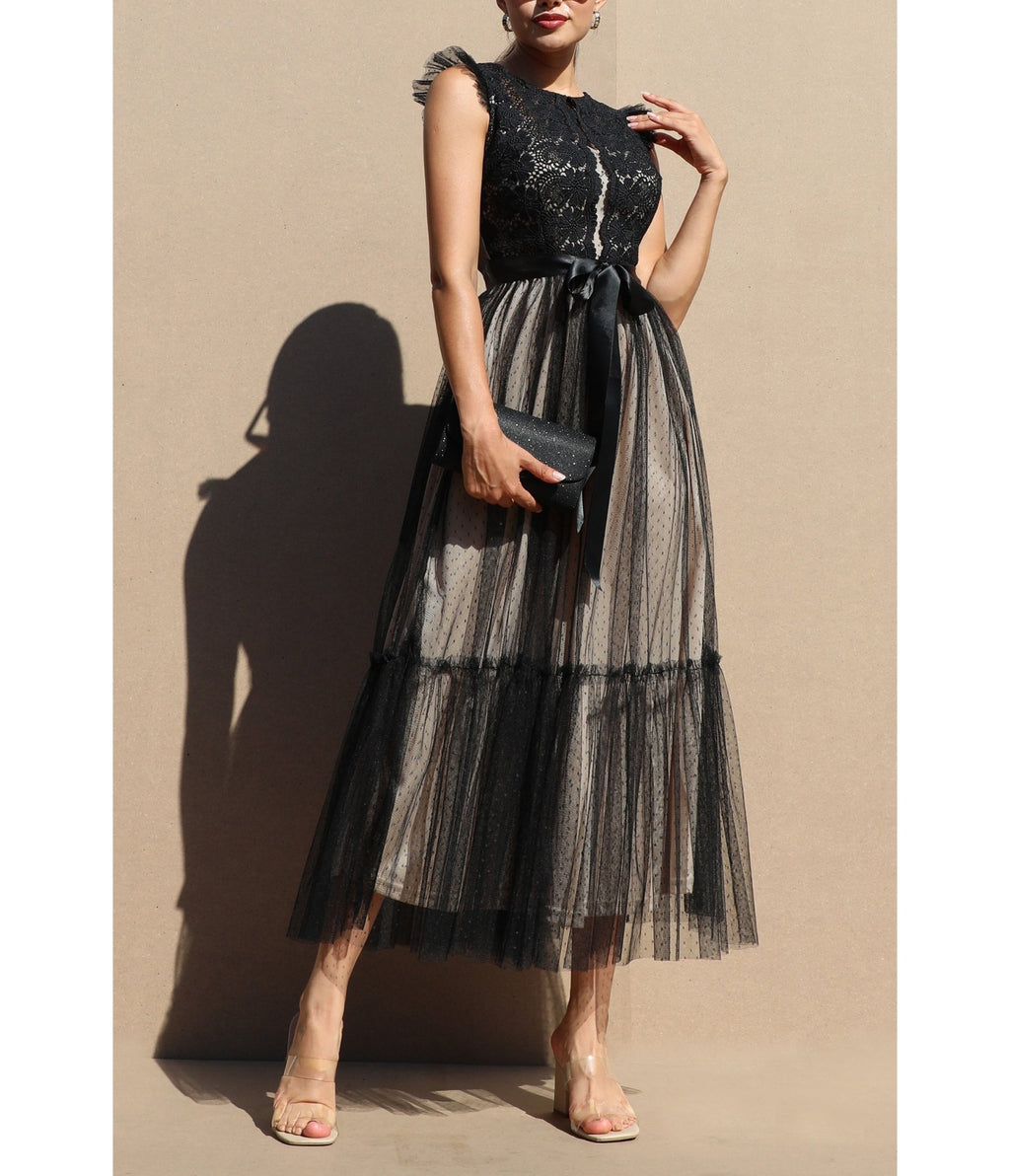 Black Lace Mesh Ruffled Midi Dress - Unique Vintage - Womens, DRESSES, MIDI
