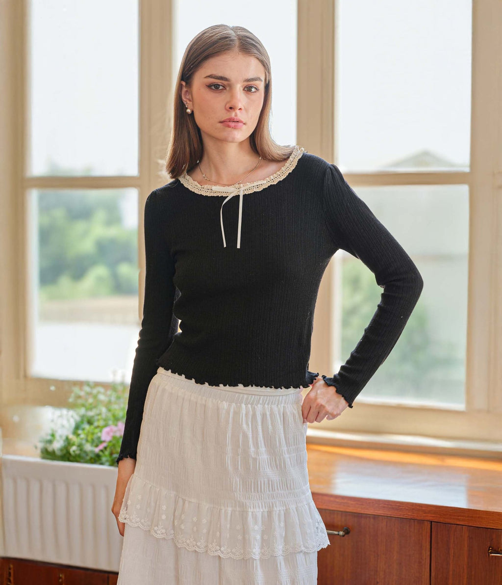 Black Lace Ribbon Knit Top - Unique Vintage - Womens, TOPS, KNIT TOPS