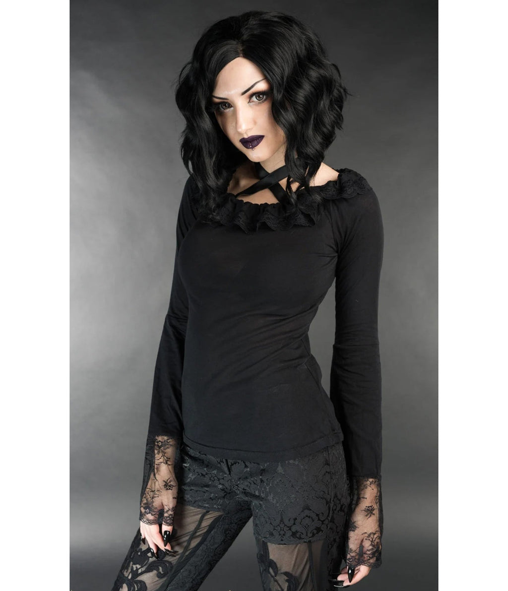 Black Lace Ruffle Bell Sleeve Steampunk Top - Unique Vintage - Blouses