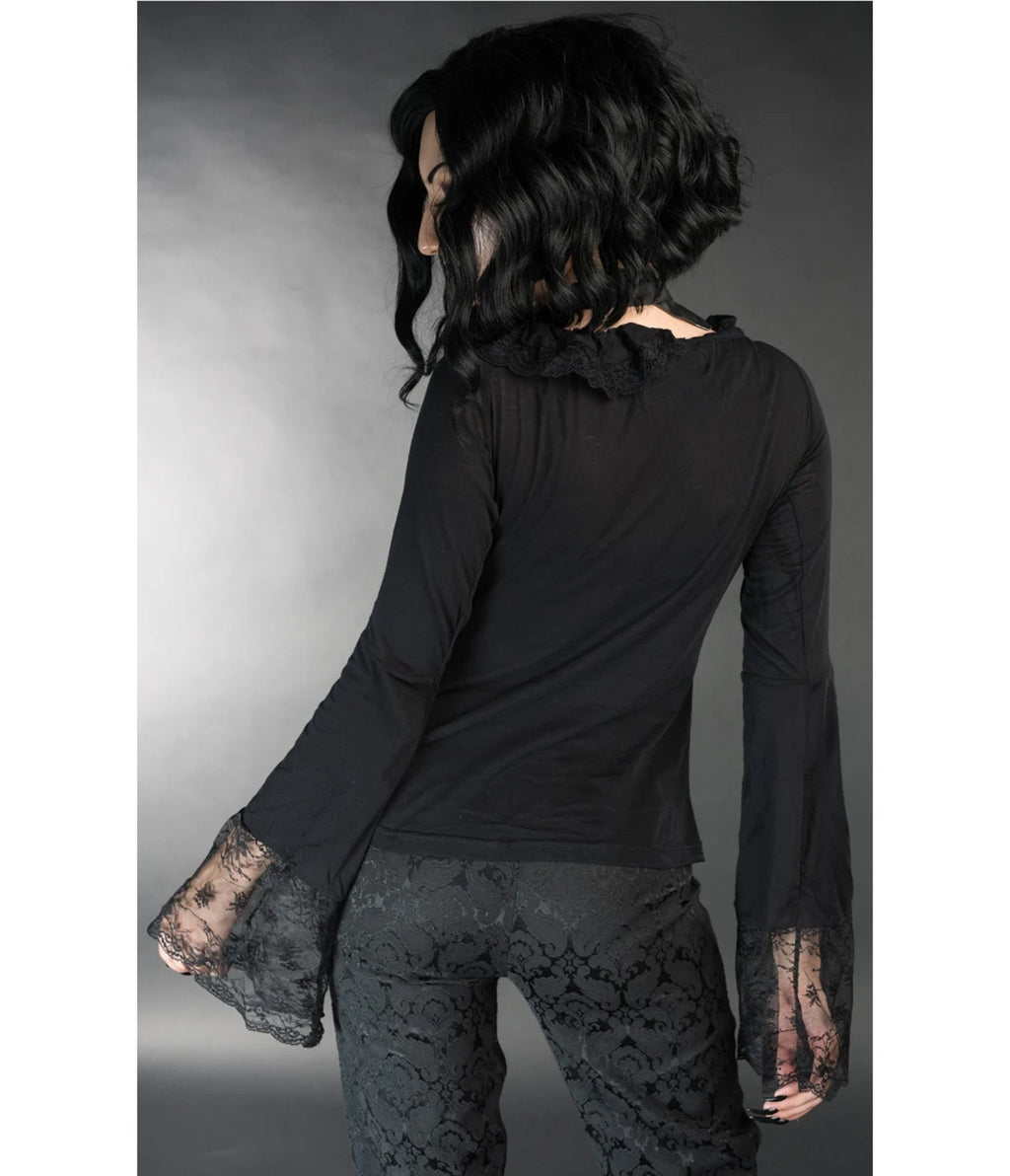 Black Lace Ruffle Bell Sleeve Steampunk Top - Unique Vintage - Blouses
