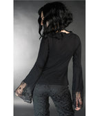 Black Lace Ruffle Bell Sleeve Steampunk Top - Unique Vintage - Blouses