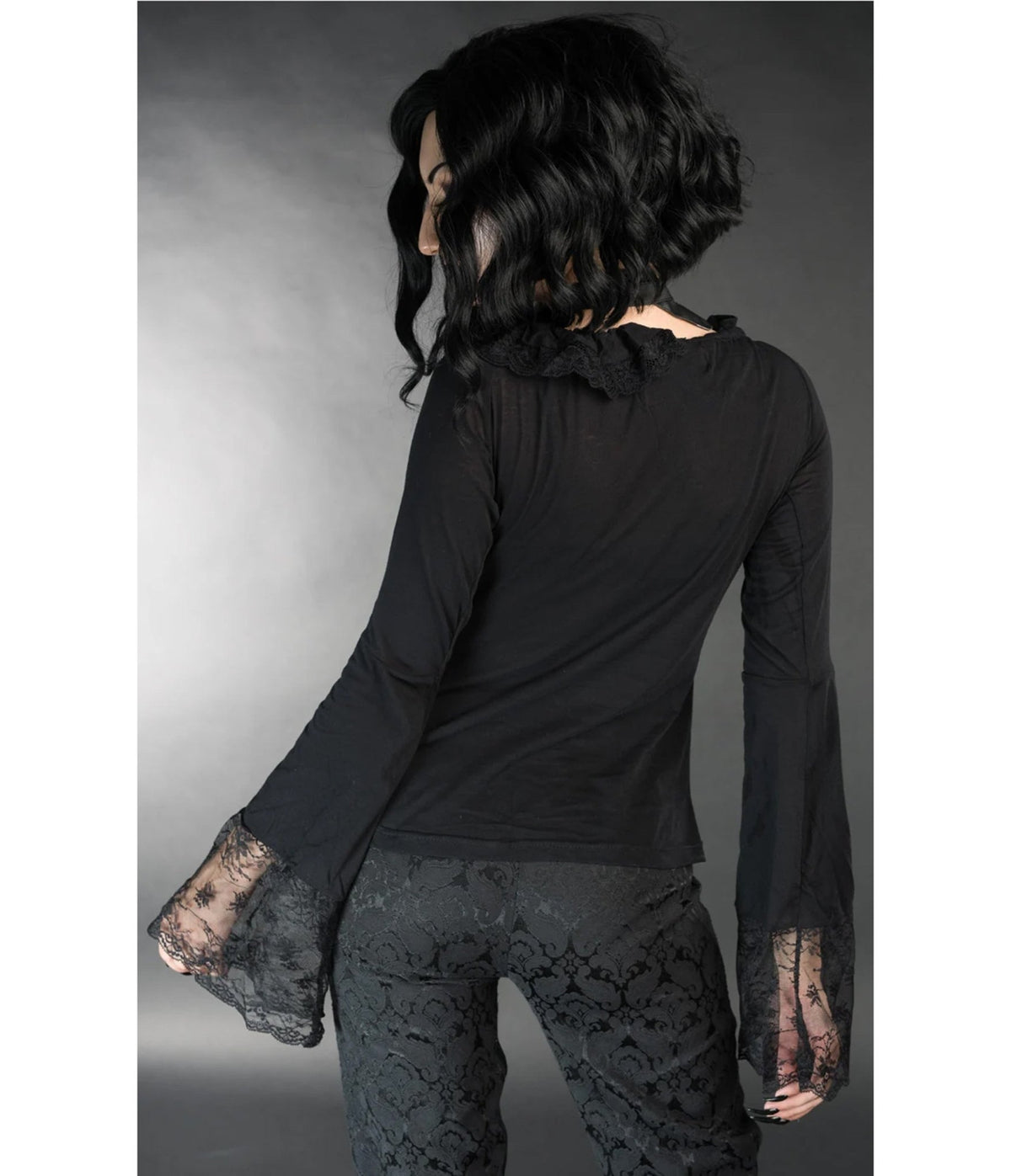 Black Lace Ruffle Bell Sleeve Steampunk Top - Unique Vintage - Blouses