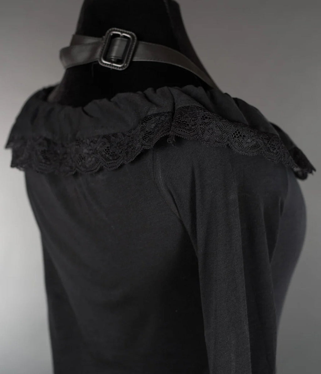 Black Lace Ruffle Bell Sleeve Steampunk Top - Unique Vintage - Blouses