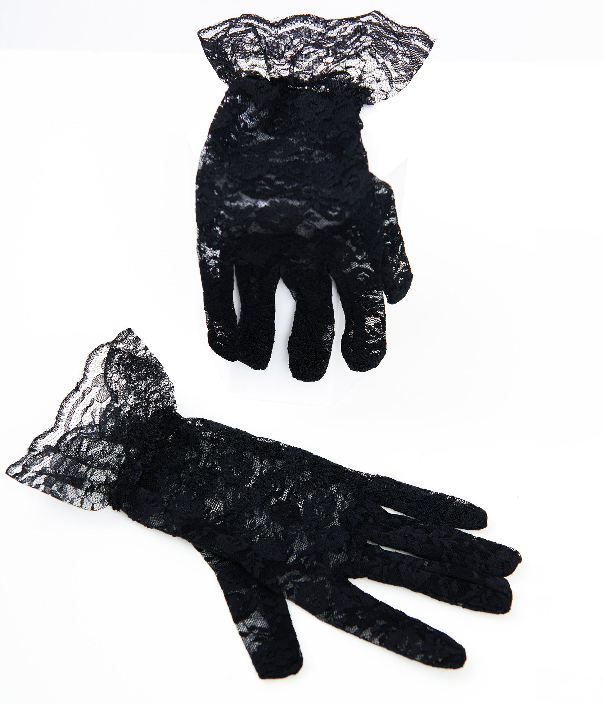 Black Lace Ruffle Gloves - Unique Vintage - Womens, ACCESSORIES, GLOVES/SCARVES