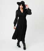 Black Lace V - Neck Tiered Midi Dress - Unique Vintage - Womens, DRESSES, MIDI