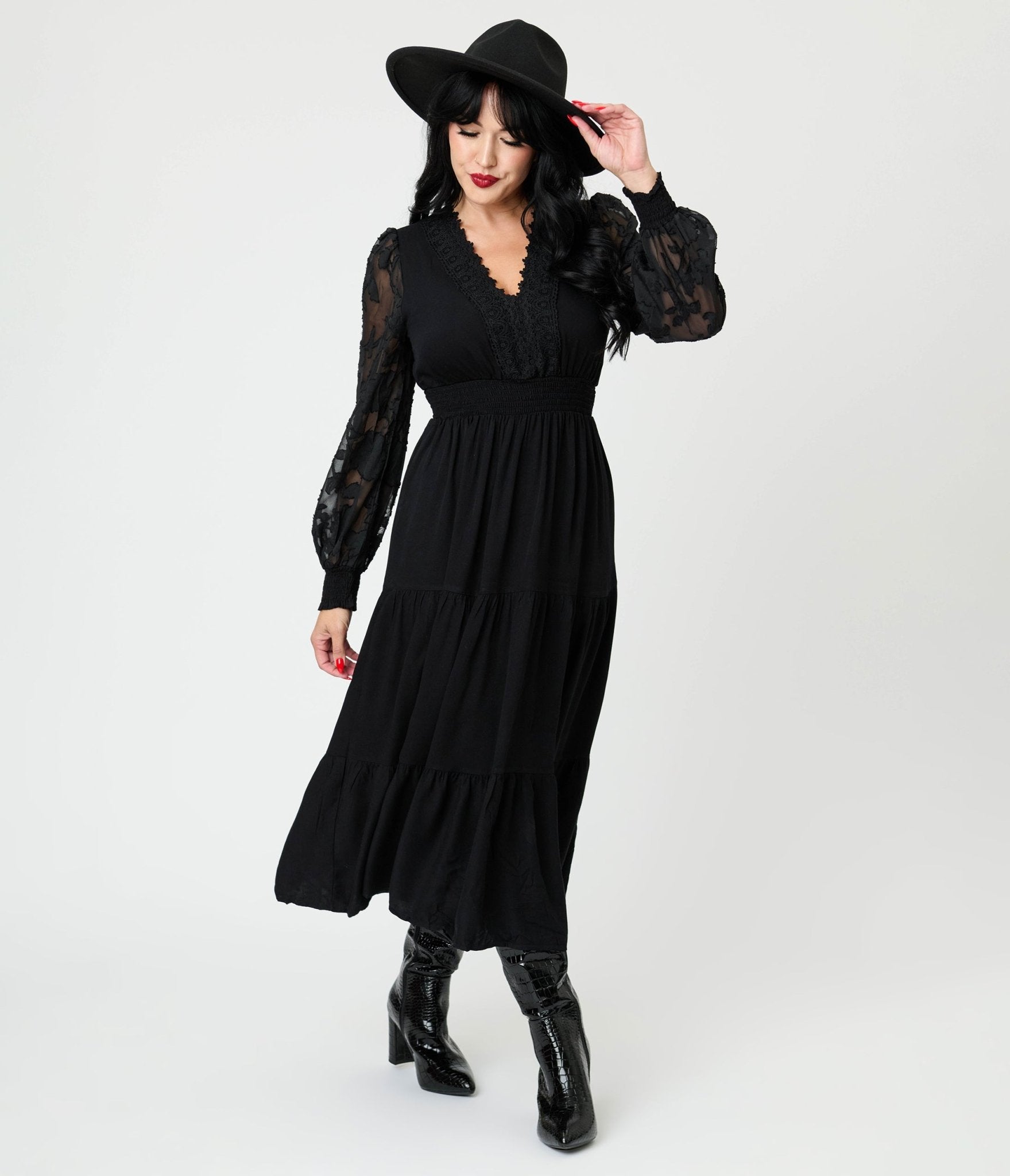 Black Lace V - Neck Tiered Midi Dress - Unique Vintage - Womens, DRESSES, MIDI