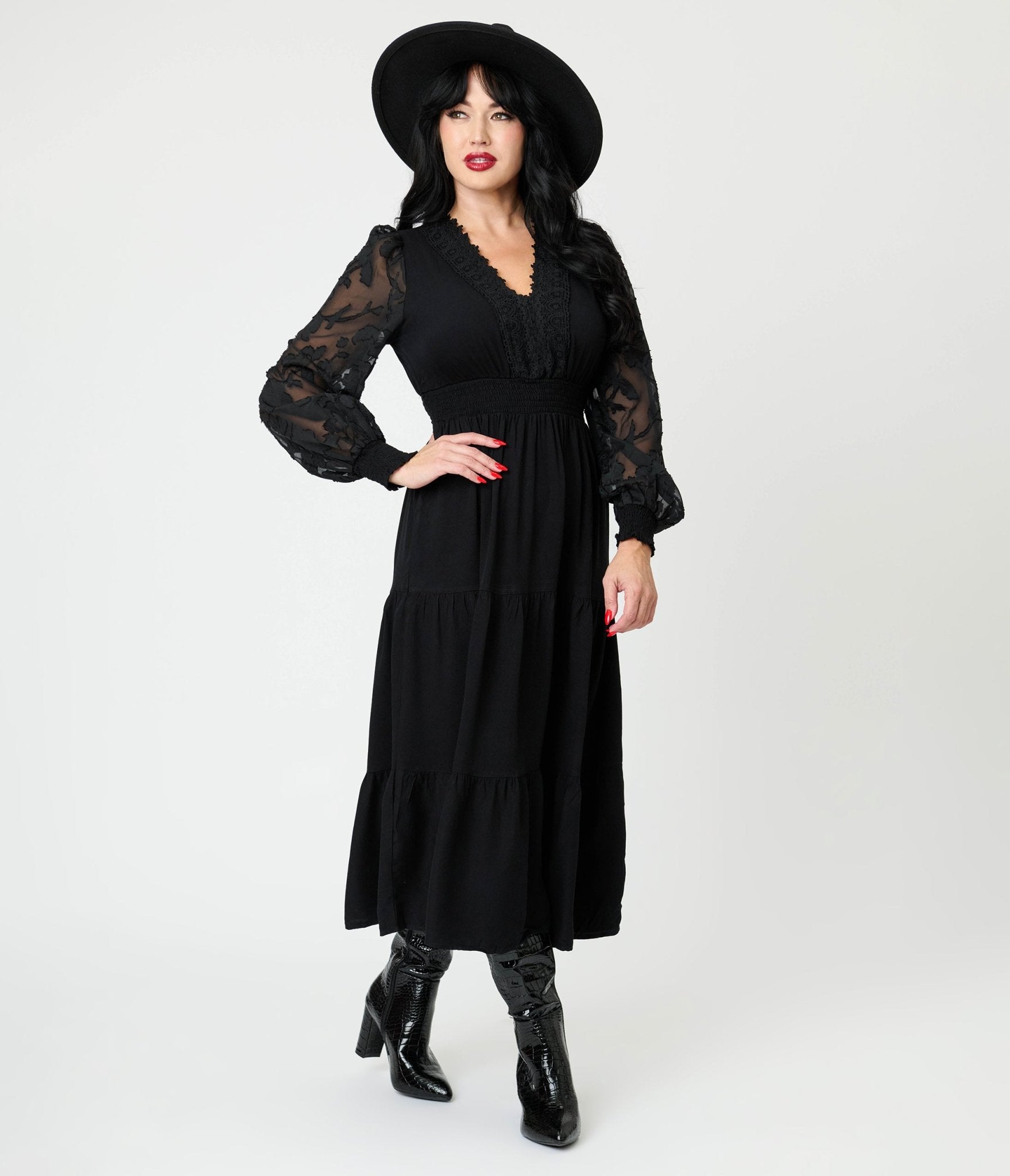 Black Lace V - Neck Tiered Midi Dress - Unique Vintage - Womens, DRESSES, MIDI