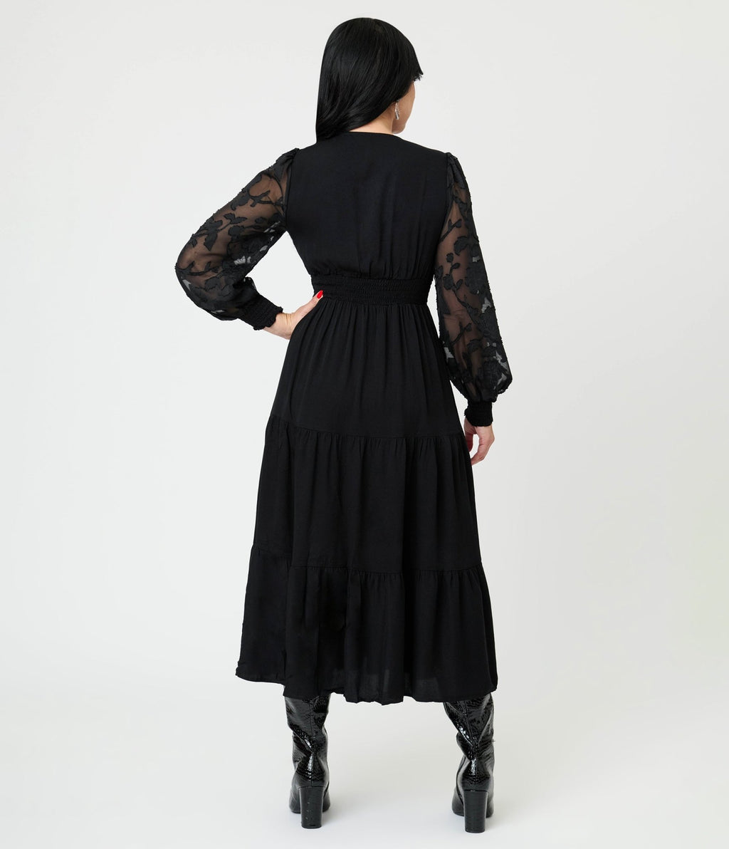 Black Lace V - Neck Tiered Midi Dress - Unique Vintage - Womens, DRESSES, MIDI