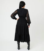 Black Lace V - Neck Tiered Midi Dress - Unique Vintage - Womens, DRESSES, MIDI