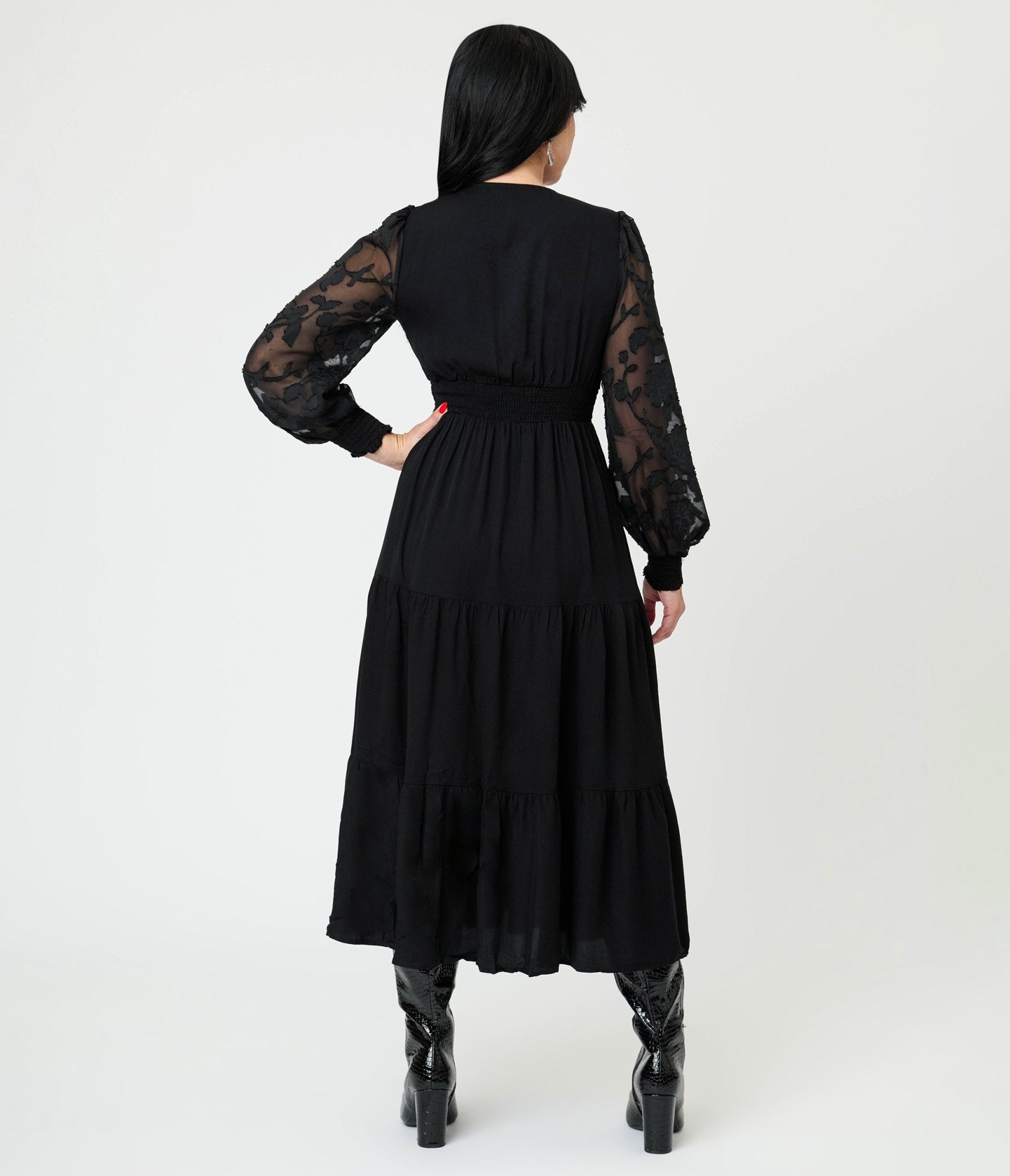 Black Lace V - Neck Tiered Midi Dress - Unique Vintage - Womens, DRESSES, MIDI