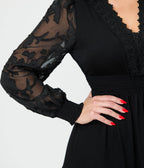 Black Lace V - Neck Tiered Midi Dress - Unique Vintage - Womens, DRESSES, MIDI