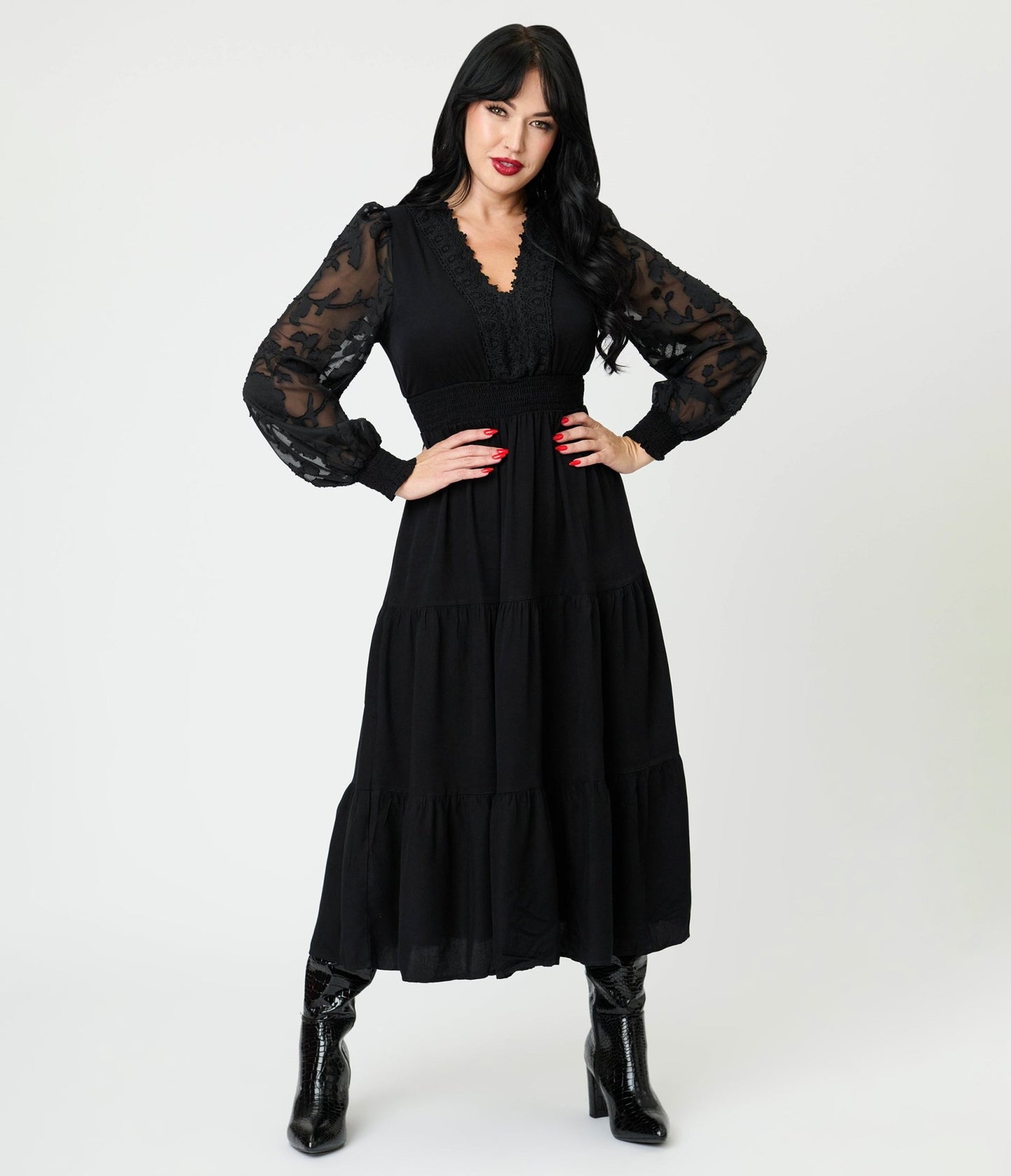 Black Lace V - Neck Tiered Midi Dress - Unique Vintage - Womens, DRESSES, MIDI