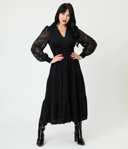 Black Lace V - Neck Tiered Midi Dress - Unique Vintage - Womens, DRESSES, MIDI
