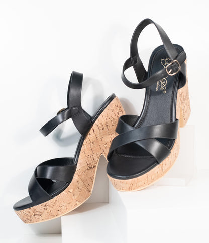 Black Leatherette & Cork Stacked Platform Heels - Unique Vintage - Womens, SHOES, HEELS