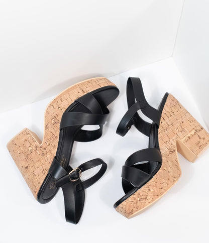 Black Leatherette & Cork Stacked Platform Heels - Unique Vintage - Womens, SHOES, HEELS