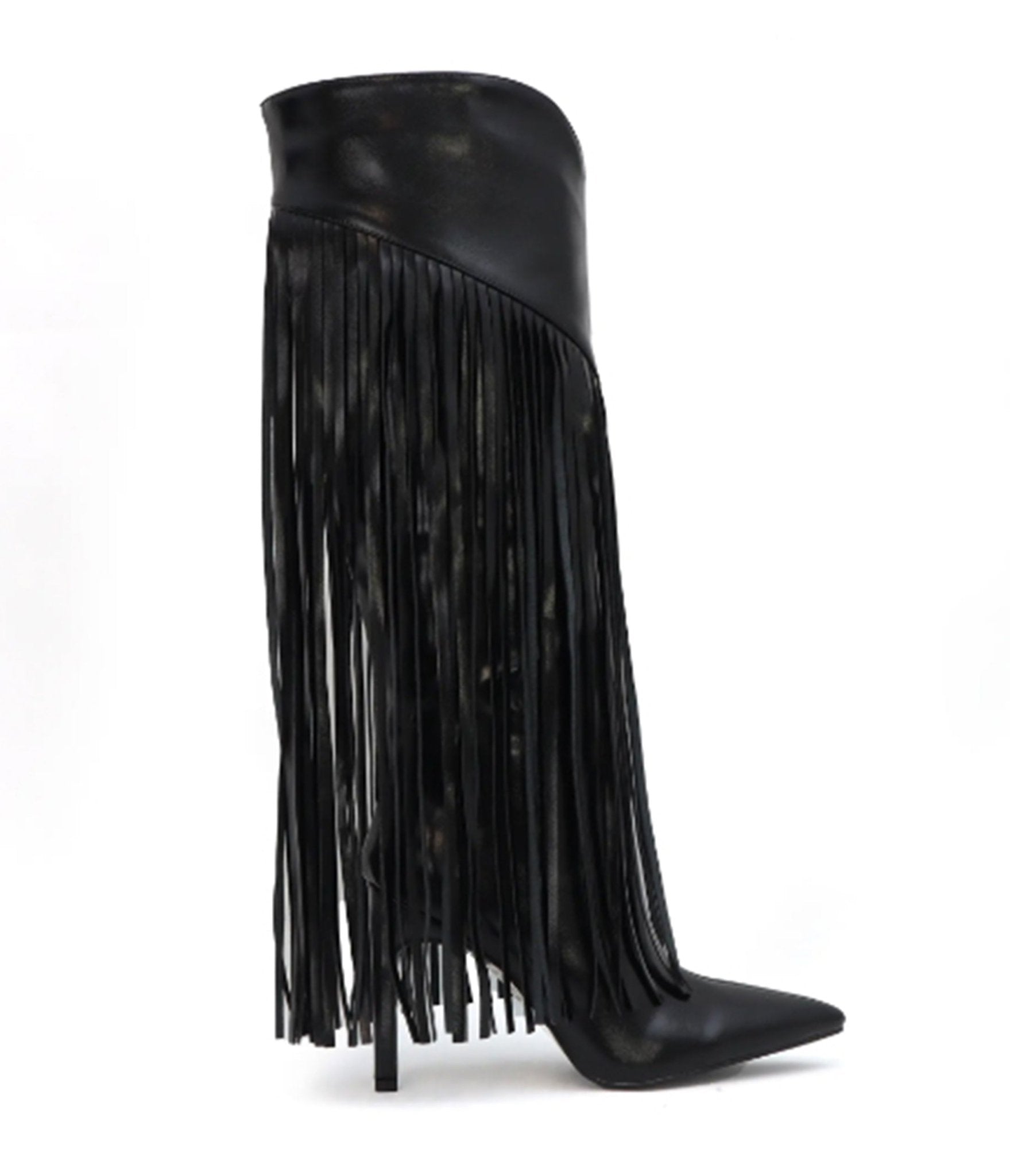 Black Leatherette Fringe Knee High Boots - Unique Vintage - Womens, SHOES, BOOTS