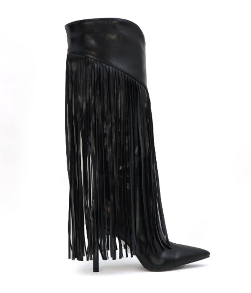 Black Leatherette Fringe Knee High Boots - Unique Vintage - Womens, SHOES, BOOTS