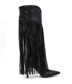 Black Leatherette Fringe Knee High Boots - Unique Vintage - Womens, SHOES, BOOTS