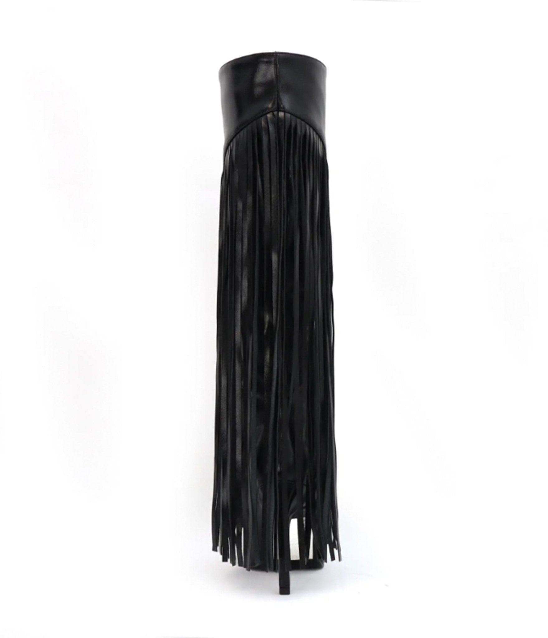 Black Leatherette Fringe Knee High Boots - Unique Vintage - Womens, SHOES, BOOTS