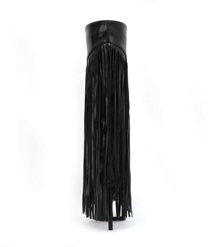 Black Leatherette Fringe Knee High Boots - Unique Vintage - Womens, SHOES, BOOTS