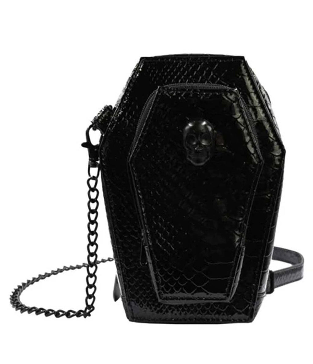 Black Leatherette Mini Coffin Crossbody Purse - Unique Vintage - Womens, ACCESSORIES, HANDBAGS