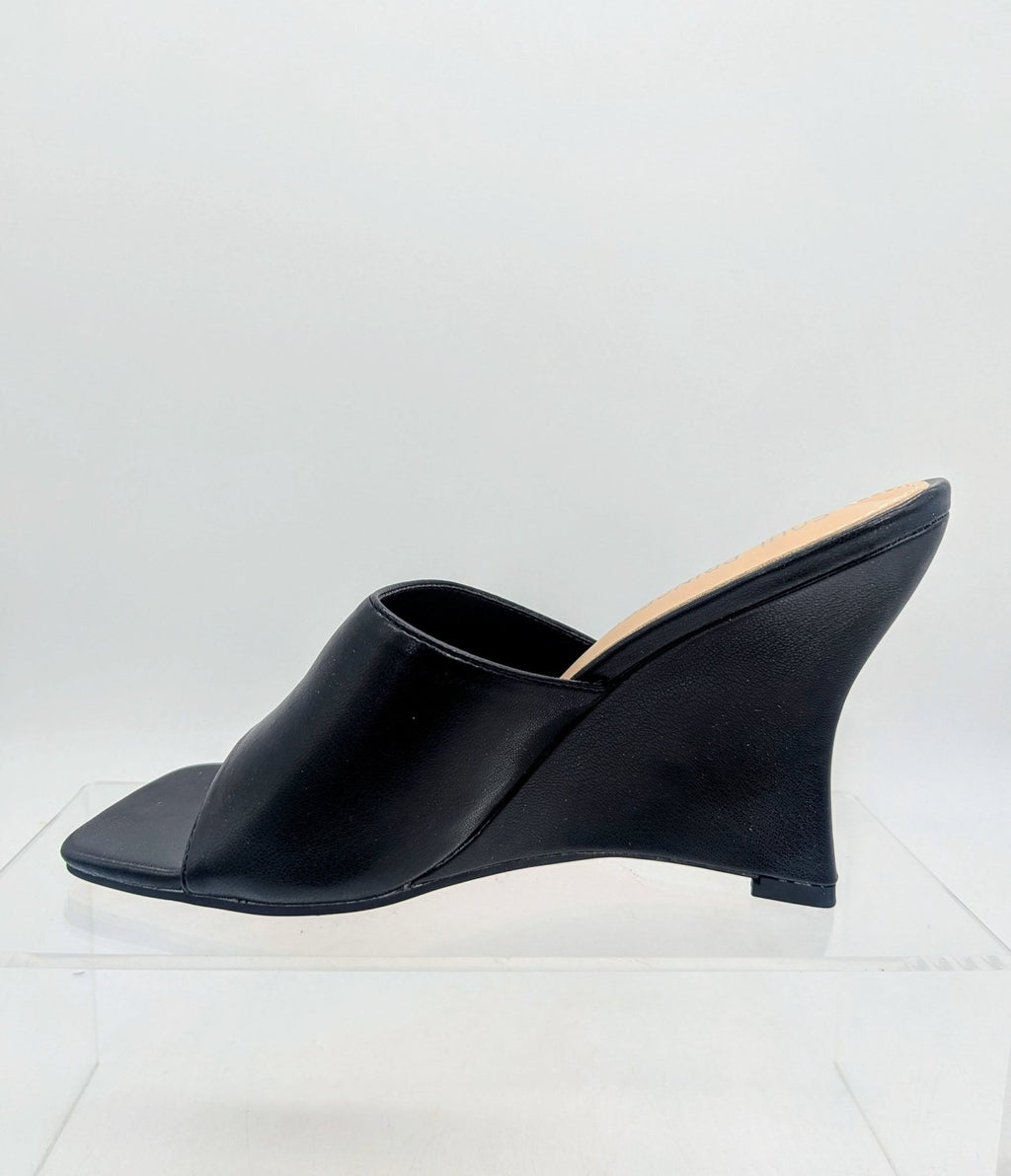 Black Leatherette Mule Wedges - Unique Vintage - Womens, SHOES, HEELS