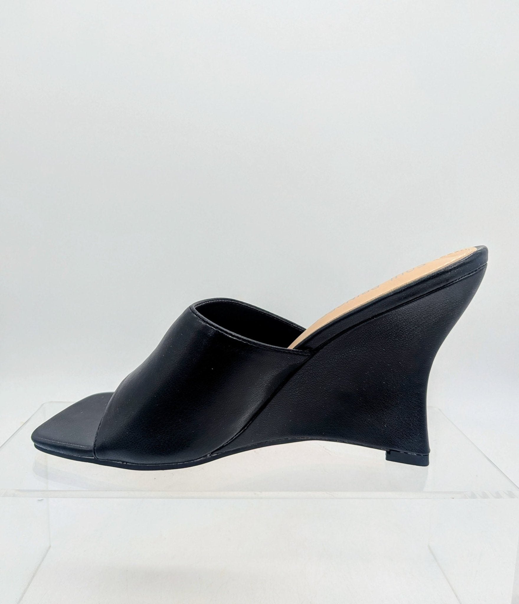 Black Leatherette Mule Wedges - Unique Vintage - Womens, SHOES, HEELS