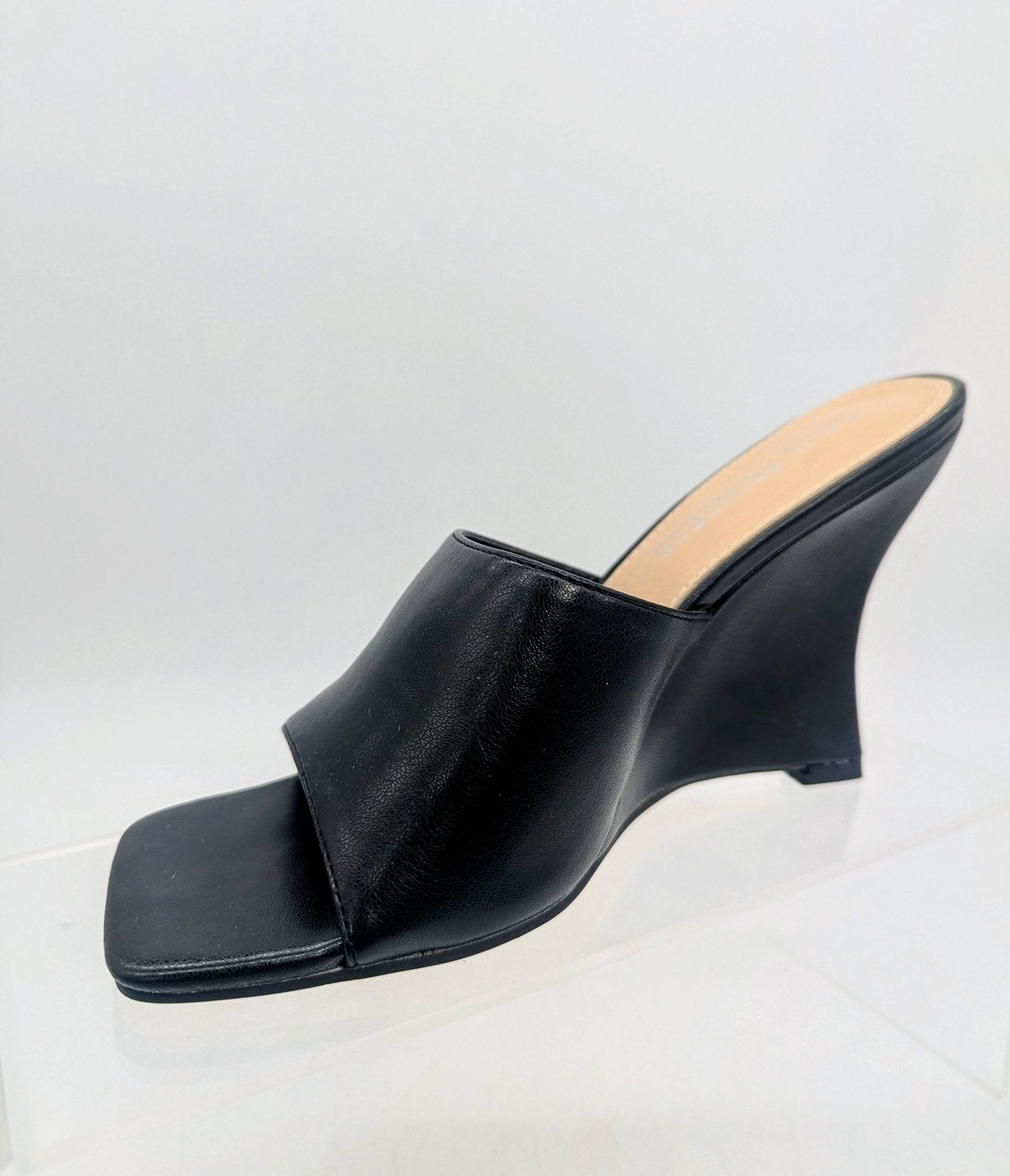 Black Leatherette Mule Wedges - Unique Vintage - Womens, SHOES, HEELS
