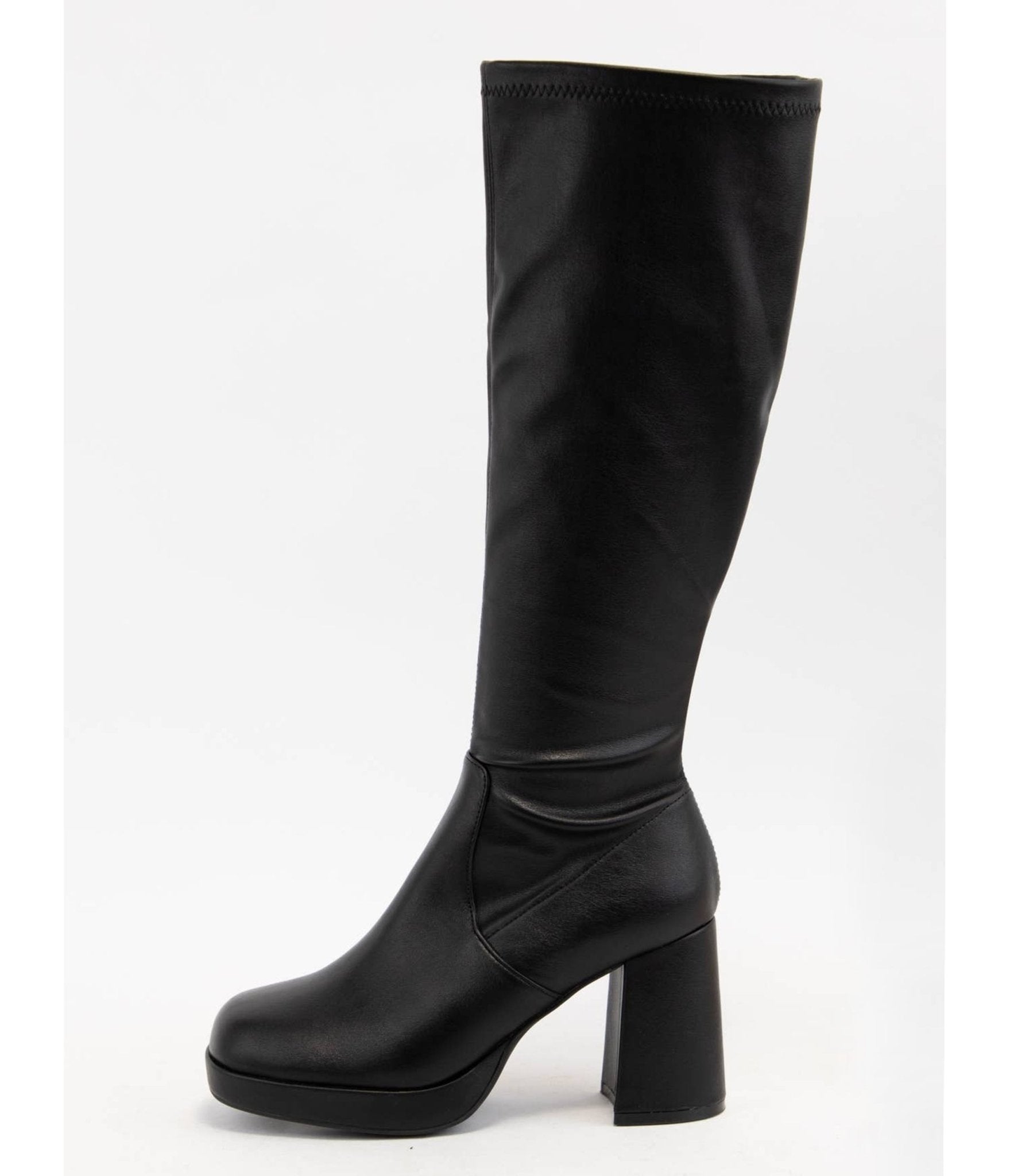 Black Leatherette Platform Knee High Boots - Unique Vintage - Womens, SHOES, BOOTS