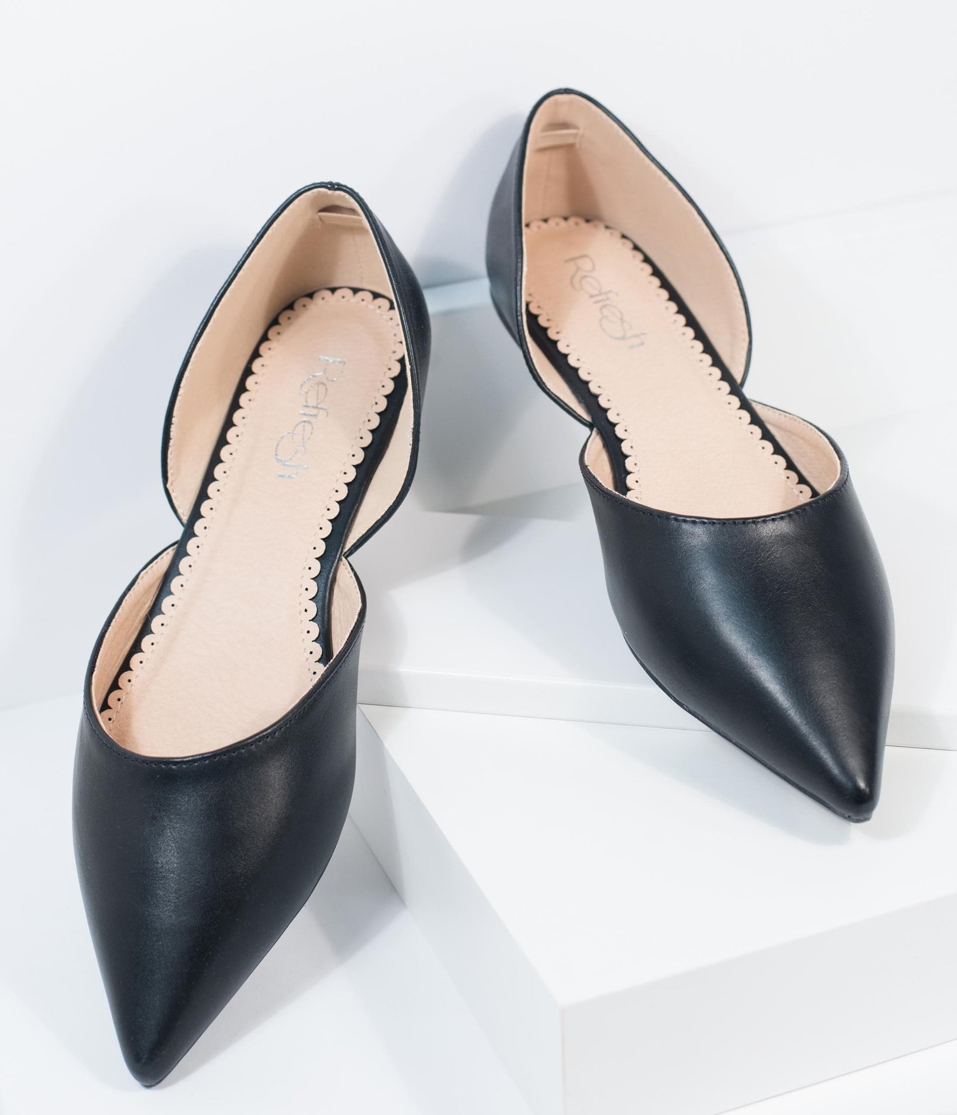 Black Leatherette Pointed Toe Flats - Unique Vintage - Womens, SHOES, FLATS