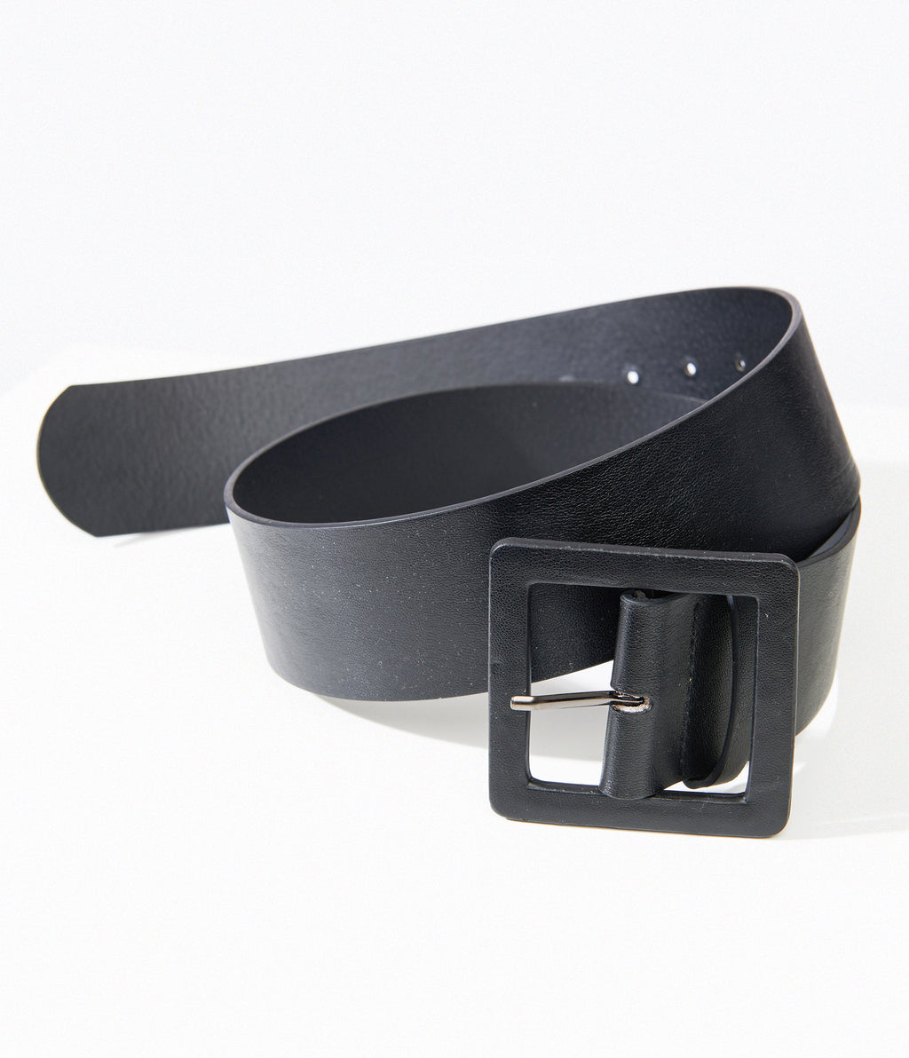 Black Leatherette Square Belt - Unique Vintage - Womens, ACCESSORIES, BELTS